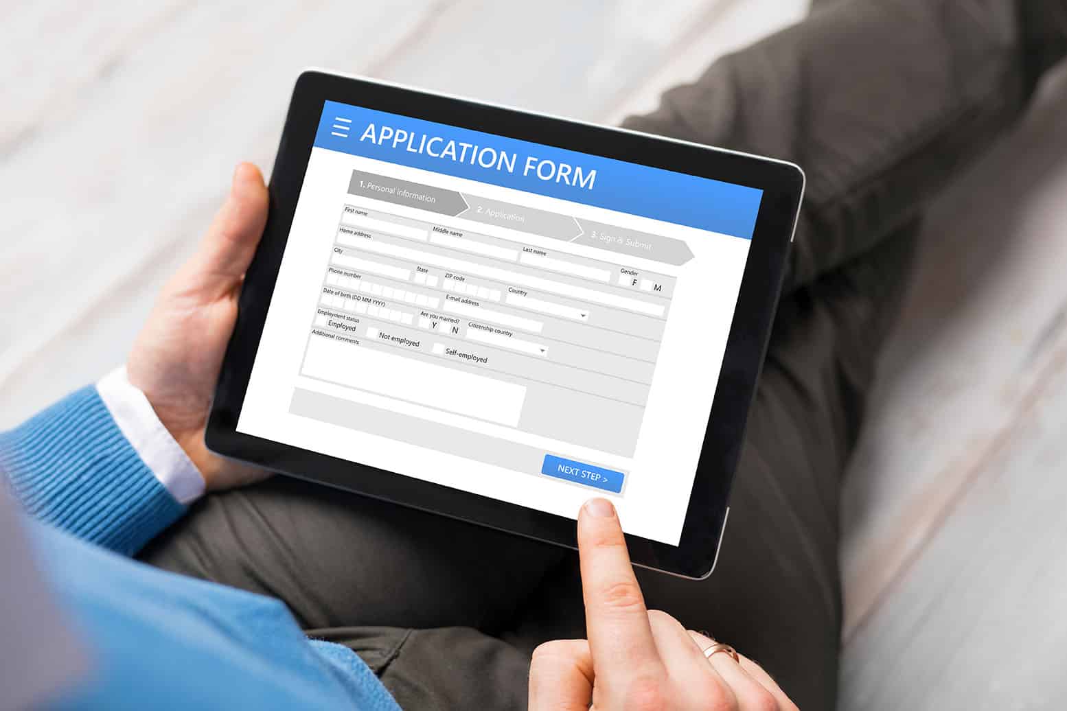 Sample application form on tablet computer