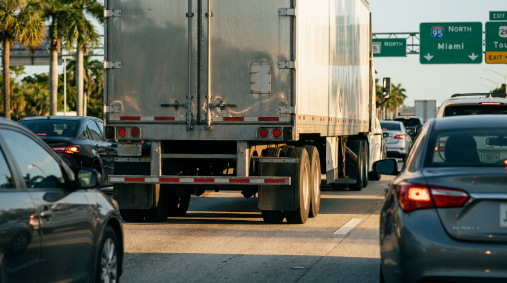 When Cargo Is Loaded Incorrectly, Someone Is Responsible. 1 Heavy highway traffic on a Florida highway featuring commercial semi trucks and passenger cars during peak season.